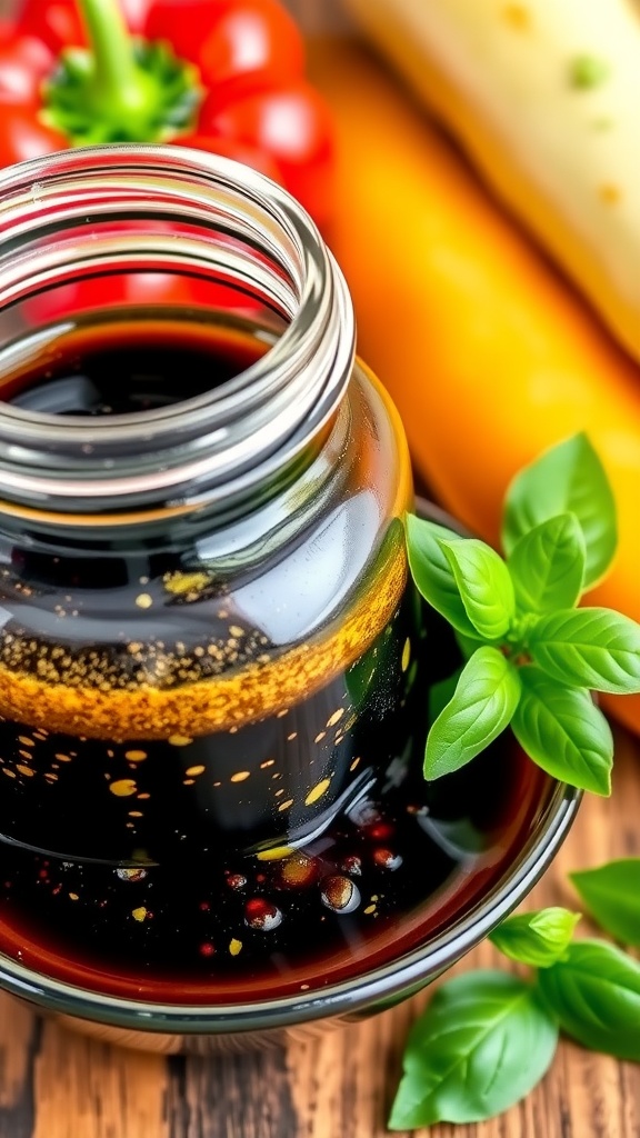 A jar of balsamic vinegar marinade with herbs and garlic, surrounded by fresh vegetables.